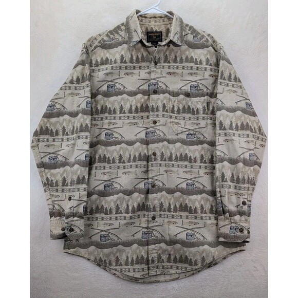 WOOLRICH Fly Fishing Print Button Up Long Sleeve Mens Shirt Size Large - Picture 1 of 13